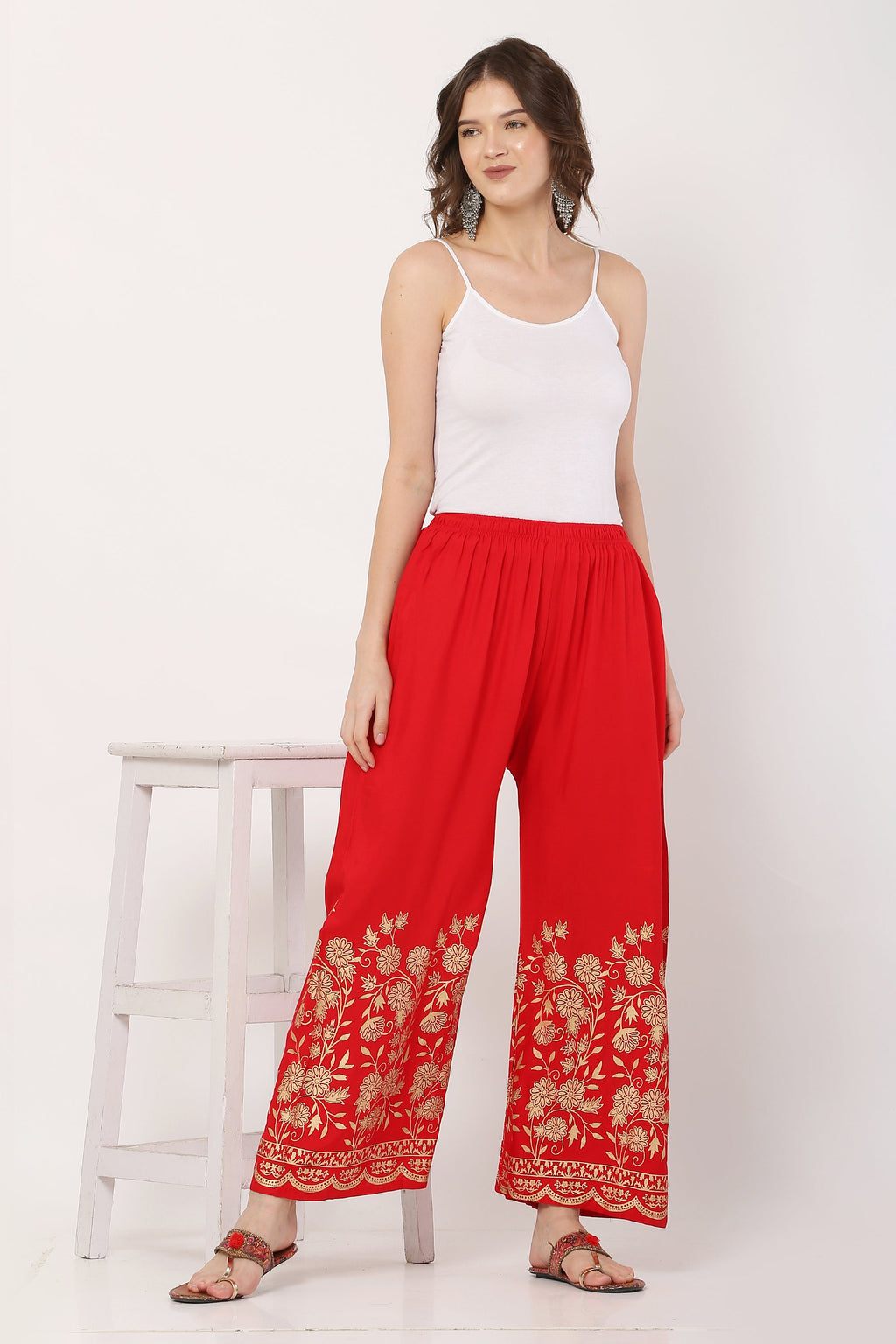 PAVONINE Red Color Floral Half Golden Print Sharara For Women | Grocsy