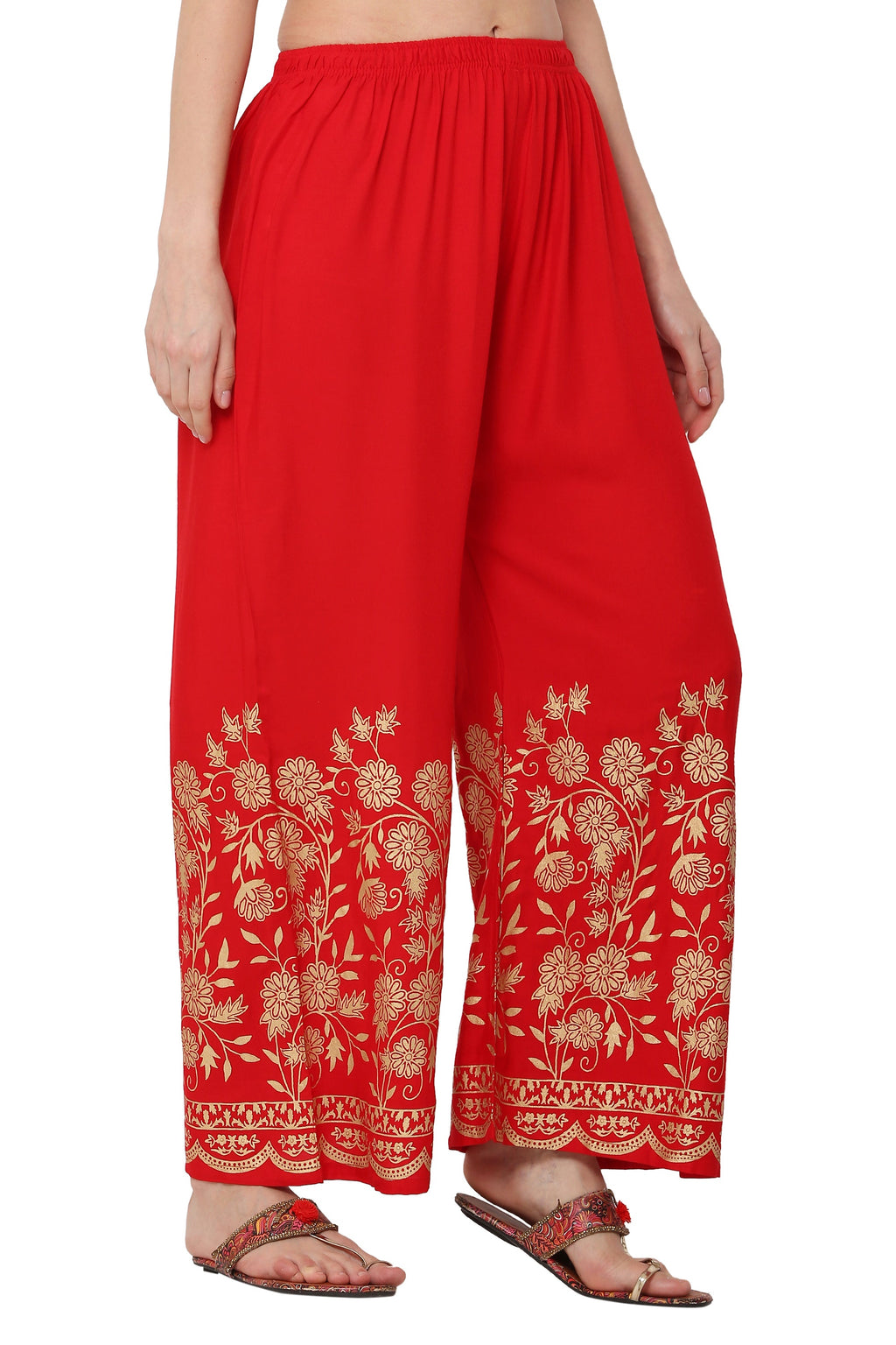 PAVONINE Red Color Floral Half Golden Print Sharara For Women | Grocsy