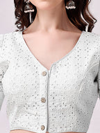 Tikhi Imli White Embroidered V-Neck Thread Work Detailed Cotton Saree Blouse | Grocsy