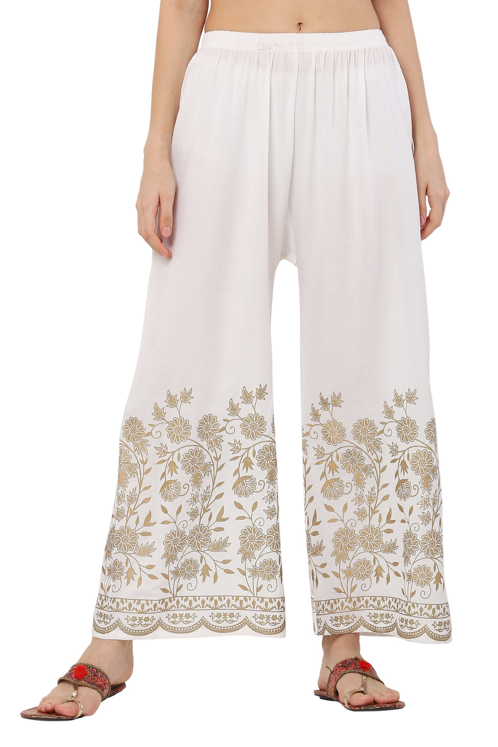 PAVONINE White Color Floral Half Golden Print Sharara For Women | Grocsy