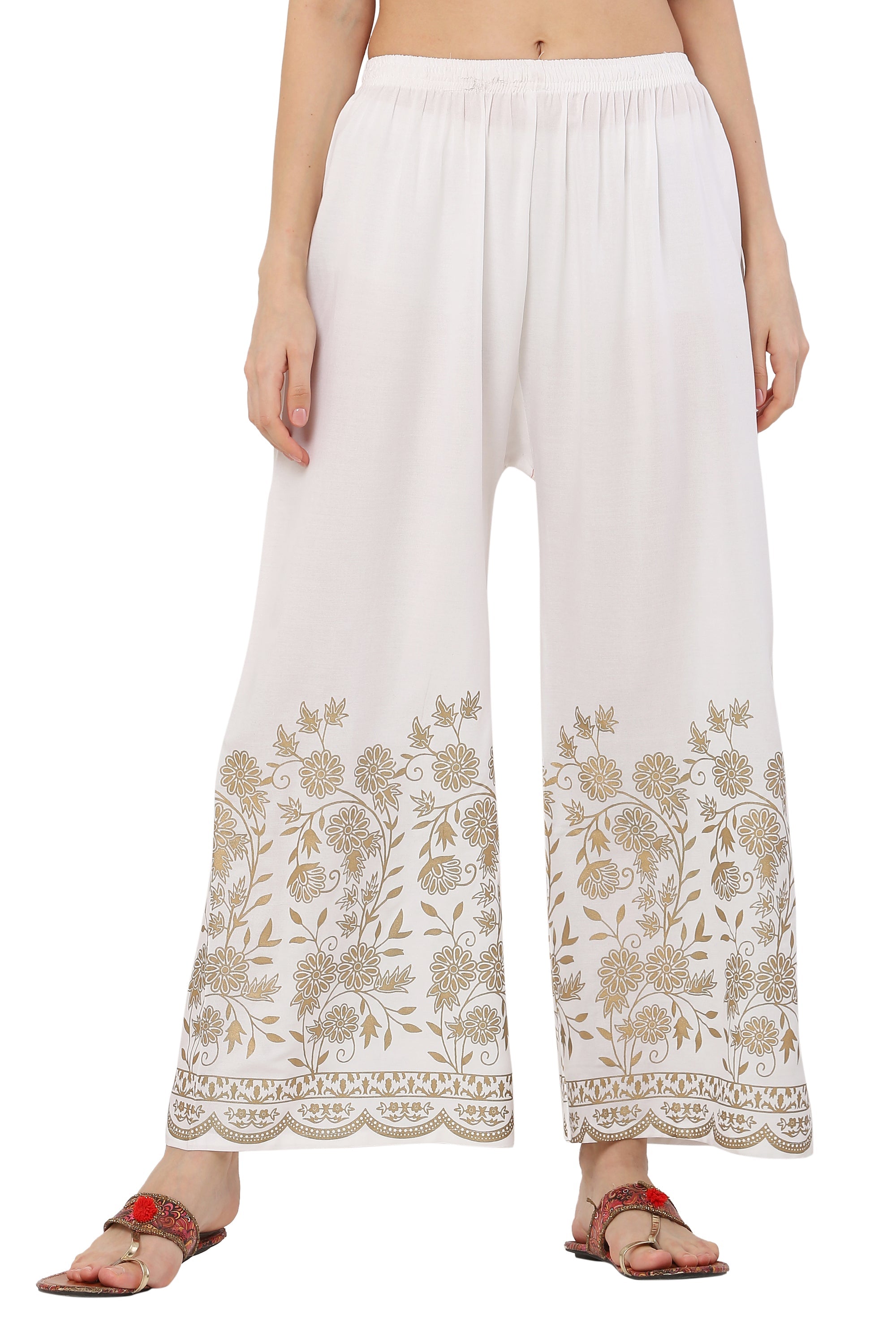 PAVONINE White Color Floral Half Golden Print Sharara For Women | Grocsy
