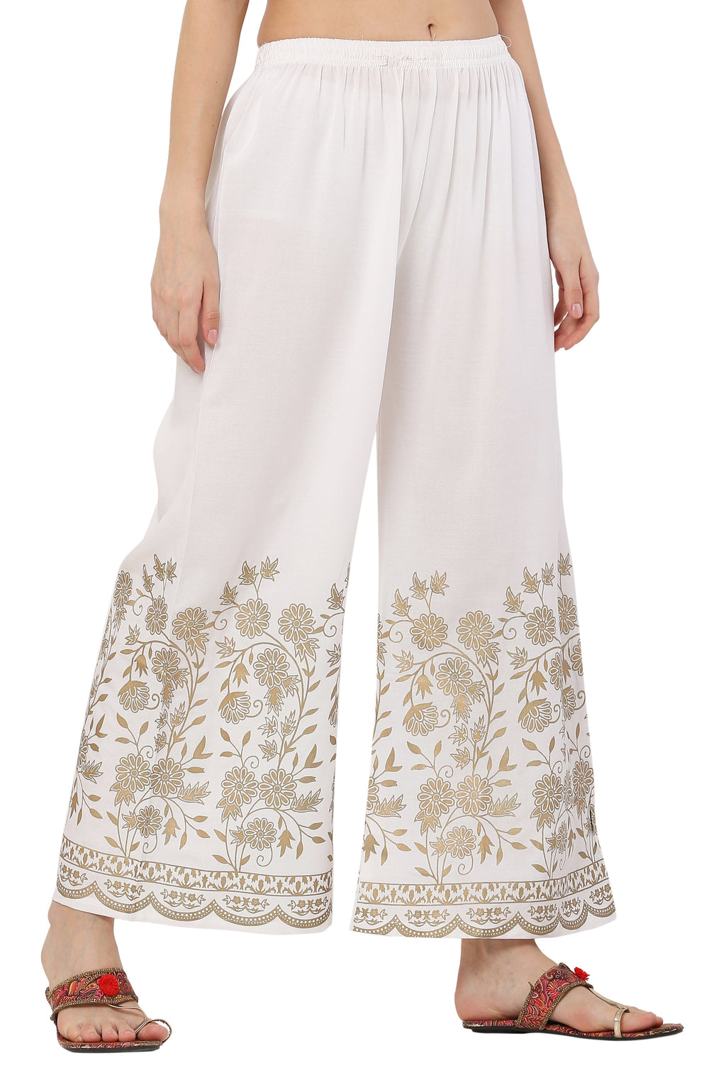 PAVONINE White Color Floral Half Golden Print Sharara For Women | Grocsy