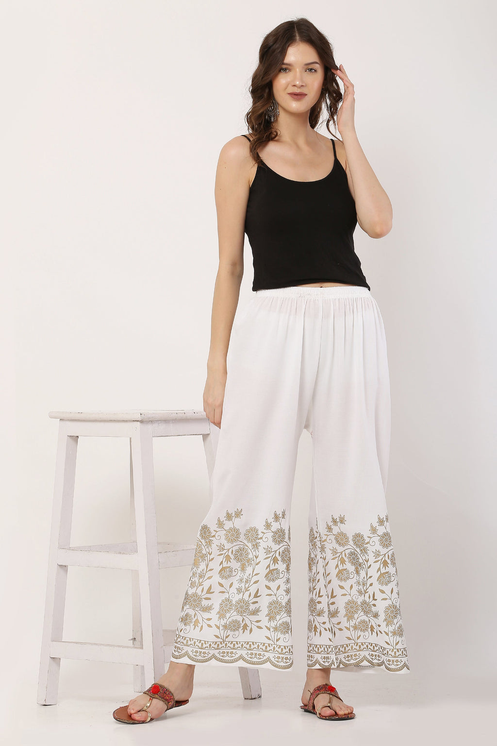 PAVONINE White Color Floral Half Golden Print Sharara For Women | Grocsy