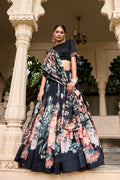 Lorenvalley Black Tussar Silk Floral Print with Lace Touch Up Lehenga Choli | Grocsy