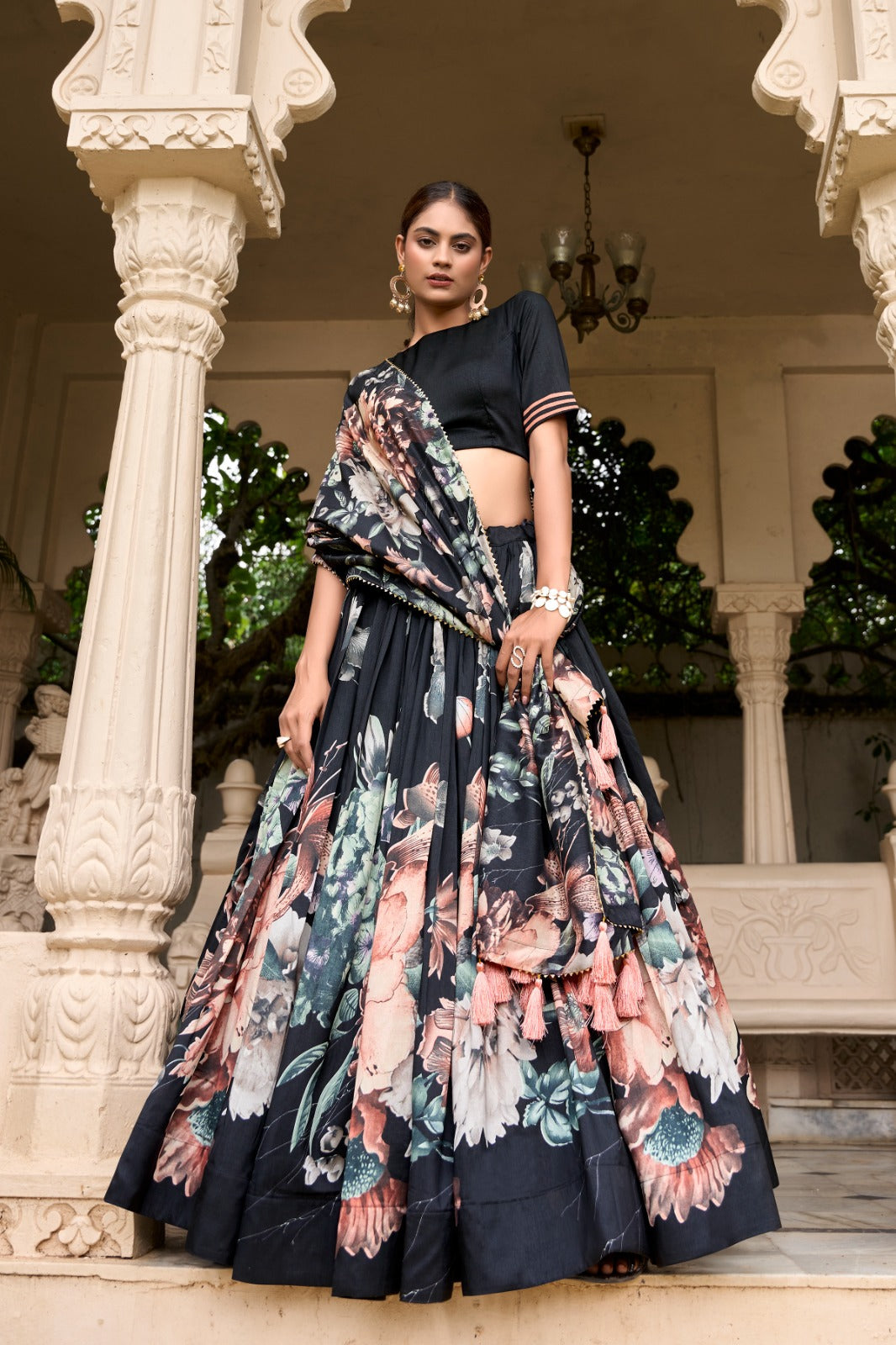 Lorenvalley Black Tussar Silk Floral Print with Lace Touch Up Lehenga Choli | Grocsy