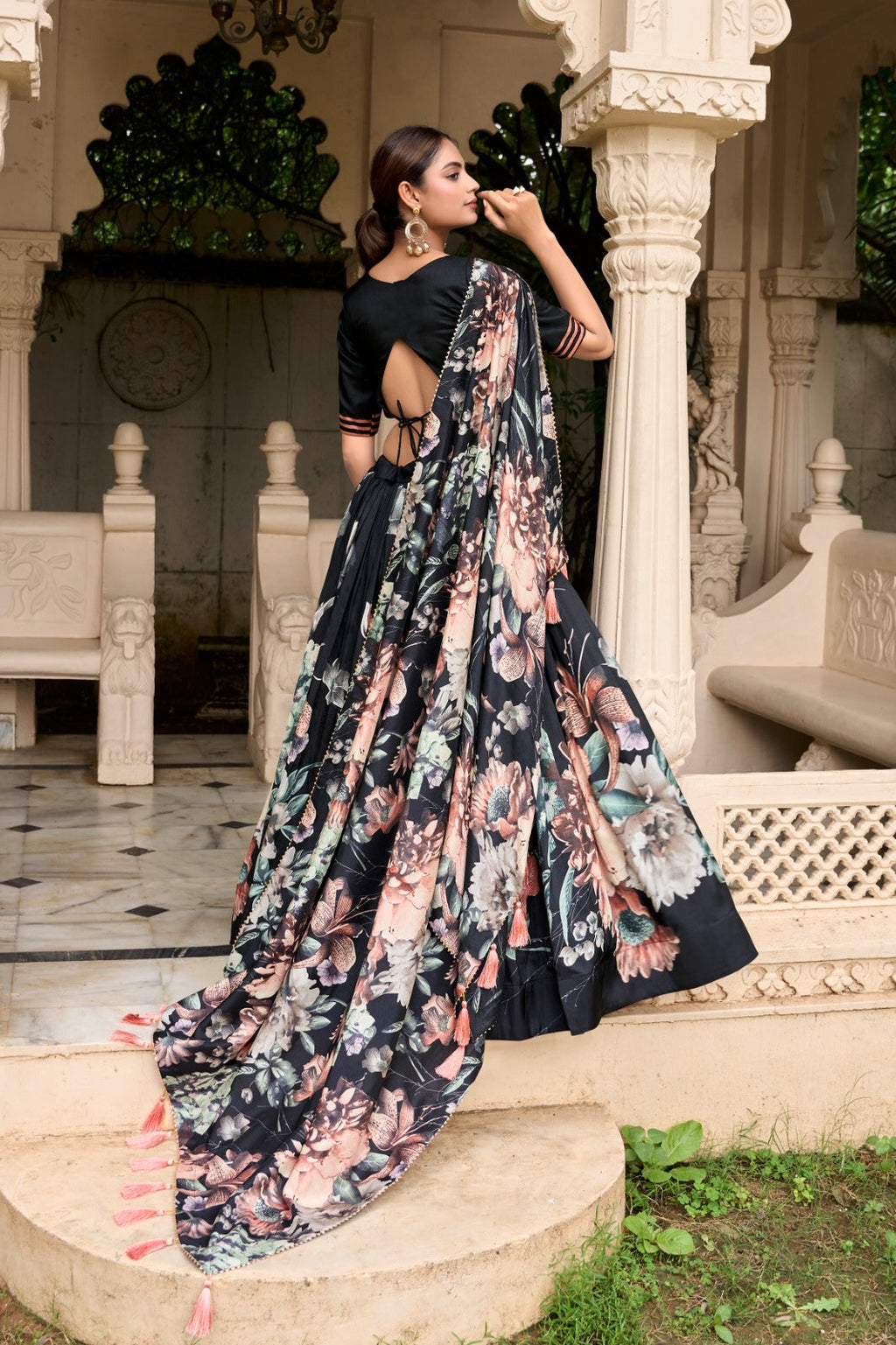 Lorenvalley Black Tussar Silk Floral Print with Lace Touch Up Lehenga Choli | Grocsy