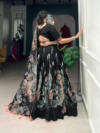 Lorenvalley Black Tussar Silk Floral Print with Lace Touch Up Lehenga Choli | Grocsy