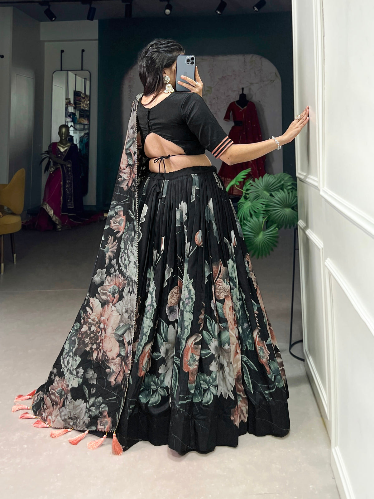 Lorenvalley Black Tussar Silk Floral Print with Lace Touch Up Lehenga Choli | Grocsy
