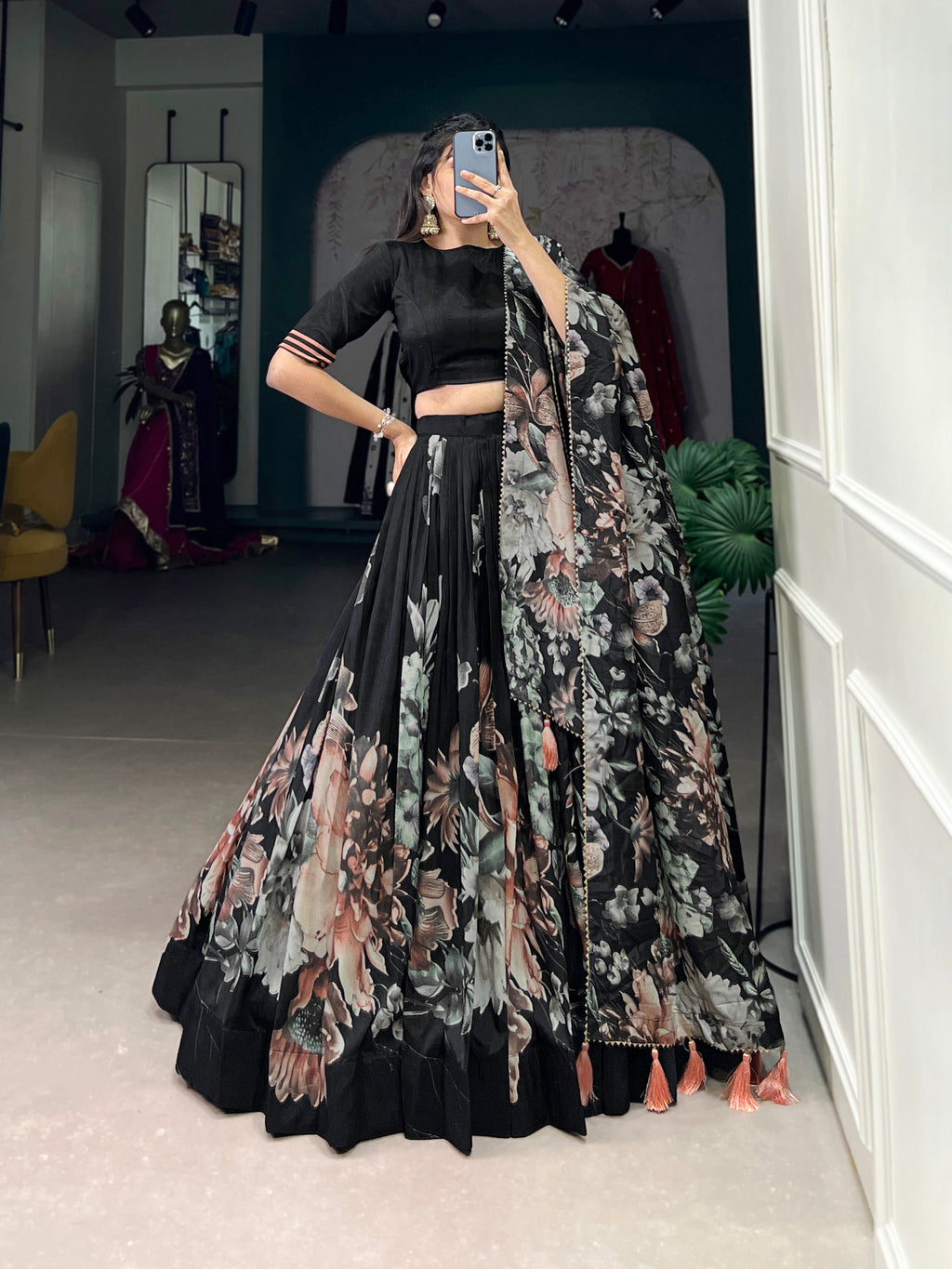 Lorenvalley Black Tussar Silk Floral Print with Lace Touch Up Lehenga Choli | Grocsy