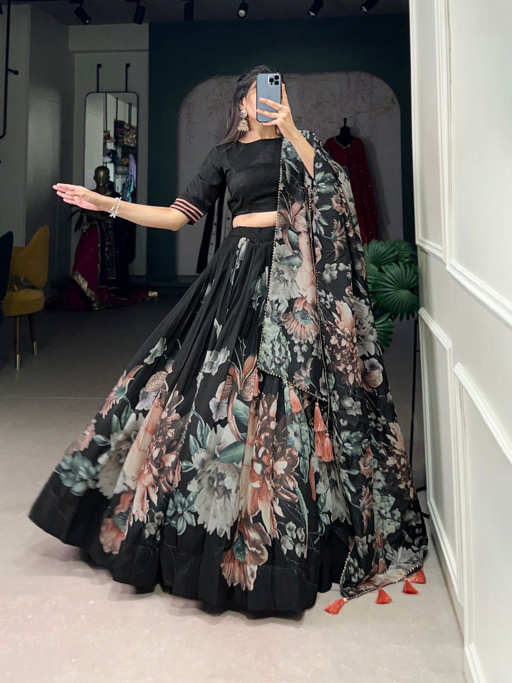 Lorenvalley Black Tussar Silk Floral Print with Lace Touch Up Lehenga Choli | Grocsy