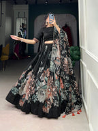 Lorenvalley Black Tussar Silk Floral Print with Lace Touch Up Lehenga Choli | Grocsy