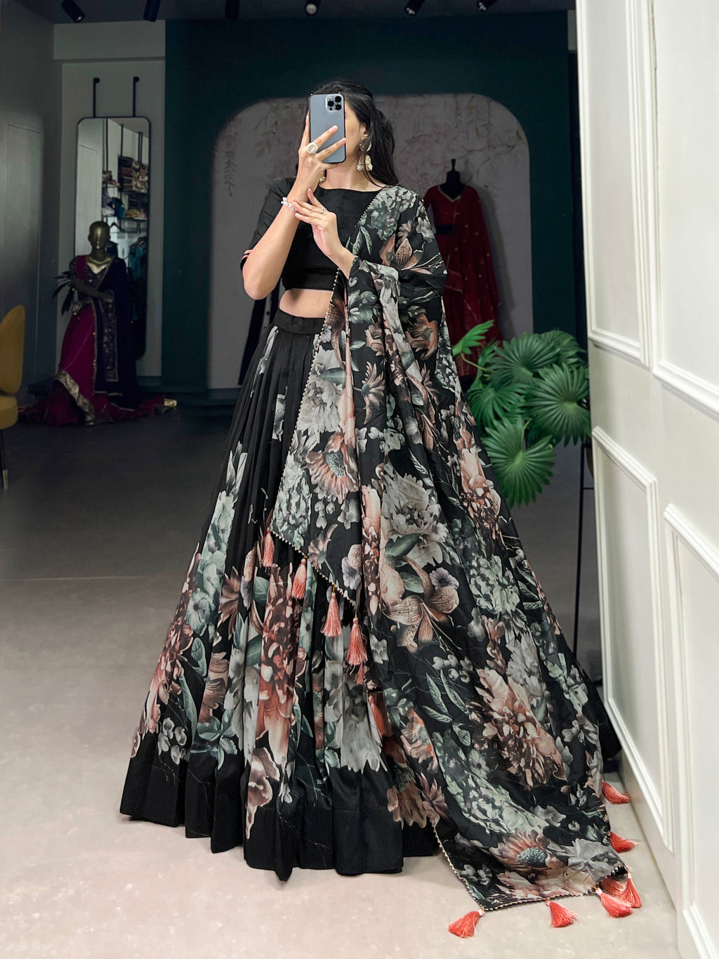 Lorenvalley Black Tussar Silk Floral Print with Lace Touch Up Lehenga Choli | Grocsy