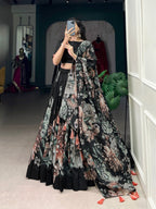 Lorenvalley Black Tussar Silk Floral Print with Lace Touch Up Lehenga Choli | Grocsy