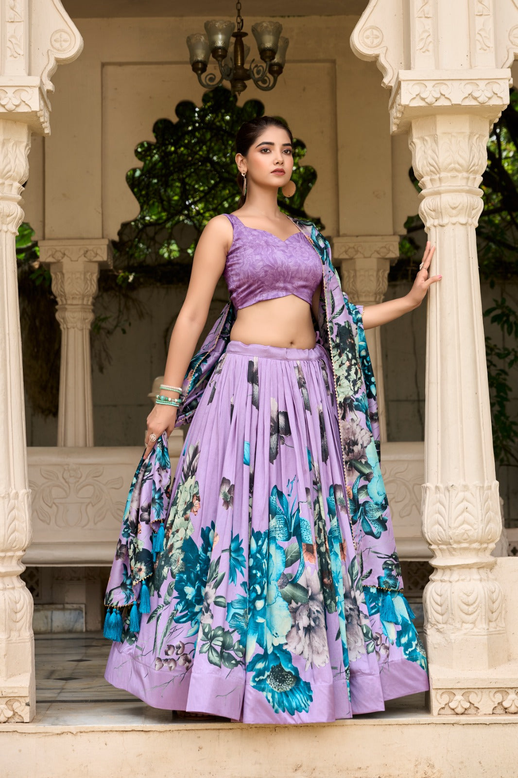 Lorenvalley Lavender Tussar Silk Floral Print with Lace Touch Up Lehenga Choli | Grocsy