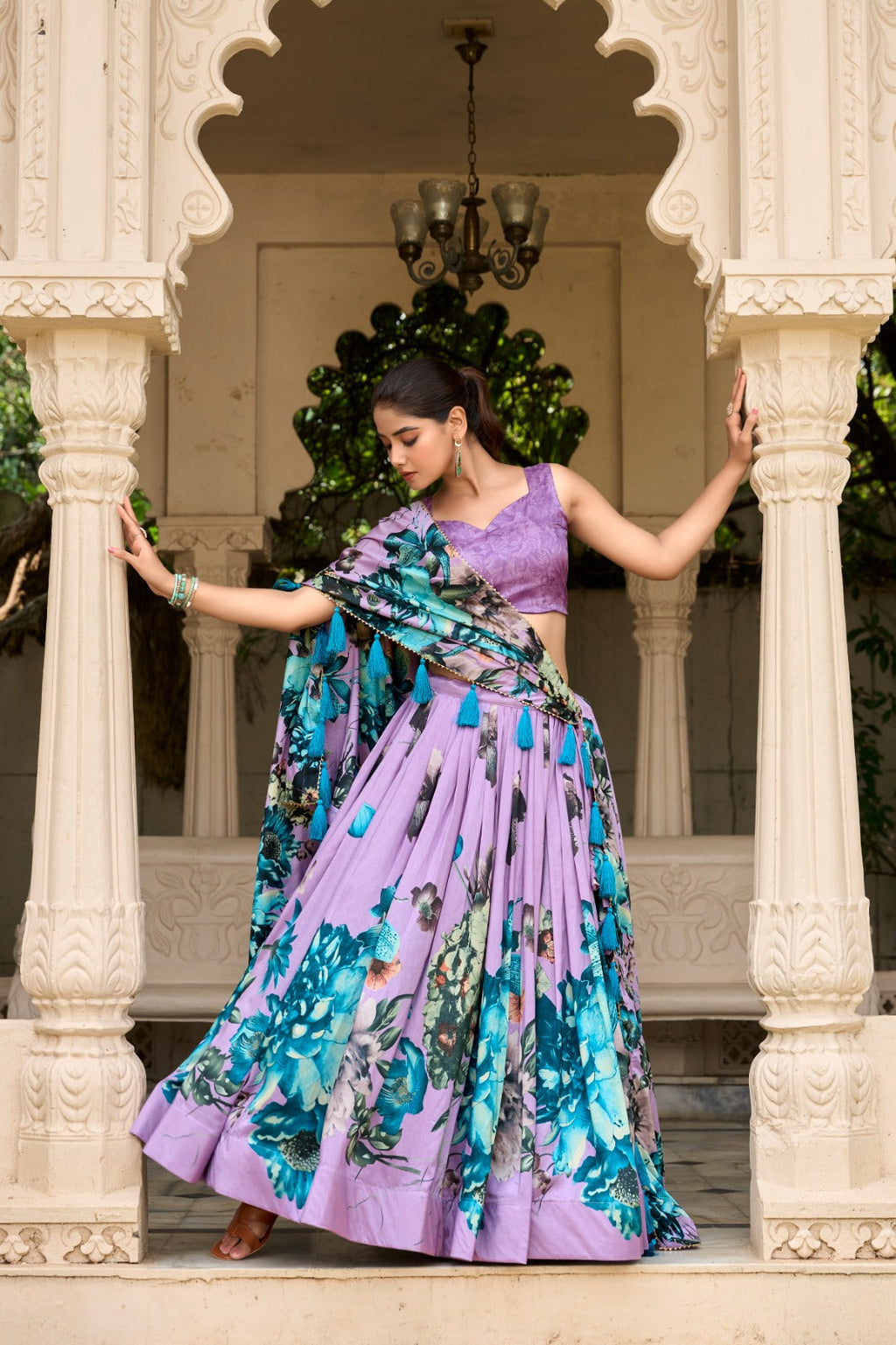 Lorenvalley Lavender Tussar Silk Floral Print with Lace Touch Up Lehenga Choli | Grocsy