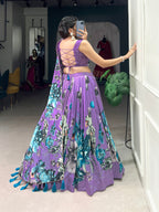 Lorenvalley Lavender Tussar Silk Floral Print with Lace Touch Up Lehenga Choli | Grocsy