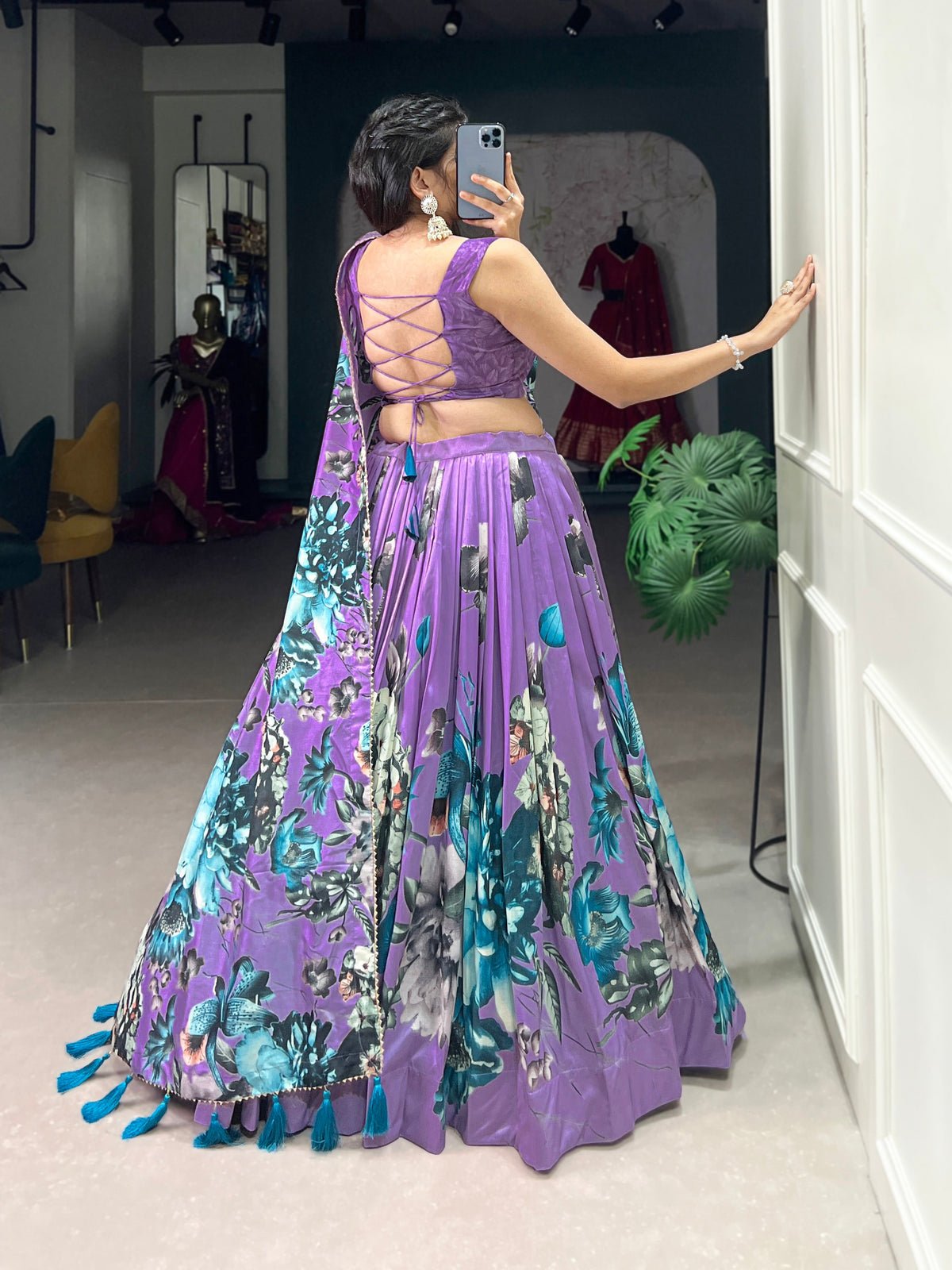 Lorenvalley Lavender Tussar Silk Floral Print with Lace Touch Up Lehenga Choli | Grocsy