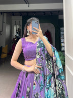 Lorenvalley Lavender Tussar Silk Floral Print with Lace Touch Up Lehenga Choli | Grocsy