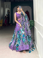 Lorenvalley Lavender Tussar Silk Floral Print with Lace Touch Up Lehenga Choli | Grocsy