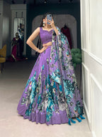 Lorenvalley Lavender Tussar Silk Floral Print with Lace Touch Up Lehenga Choli | Grocsy