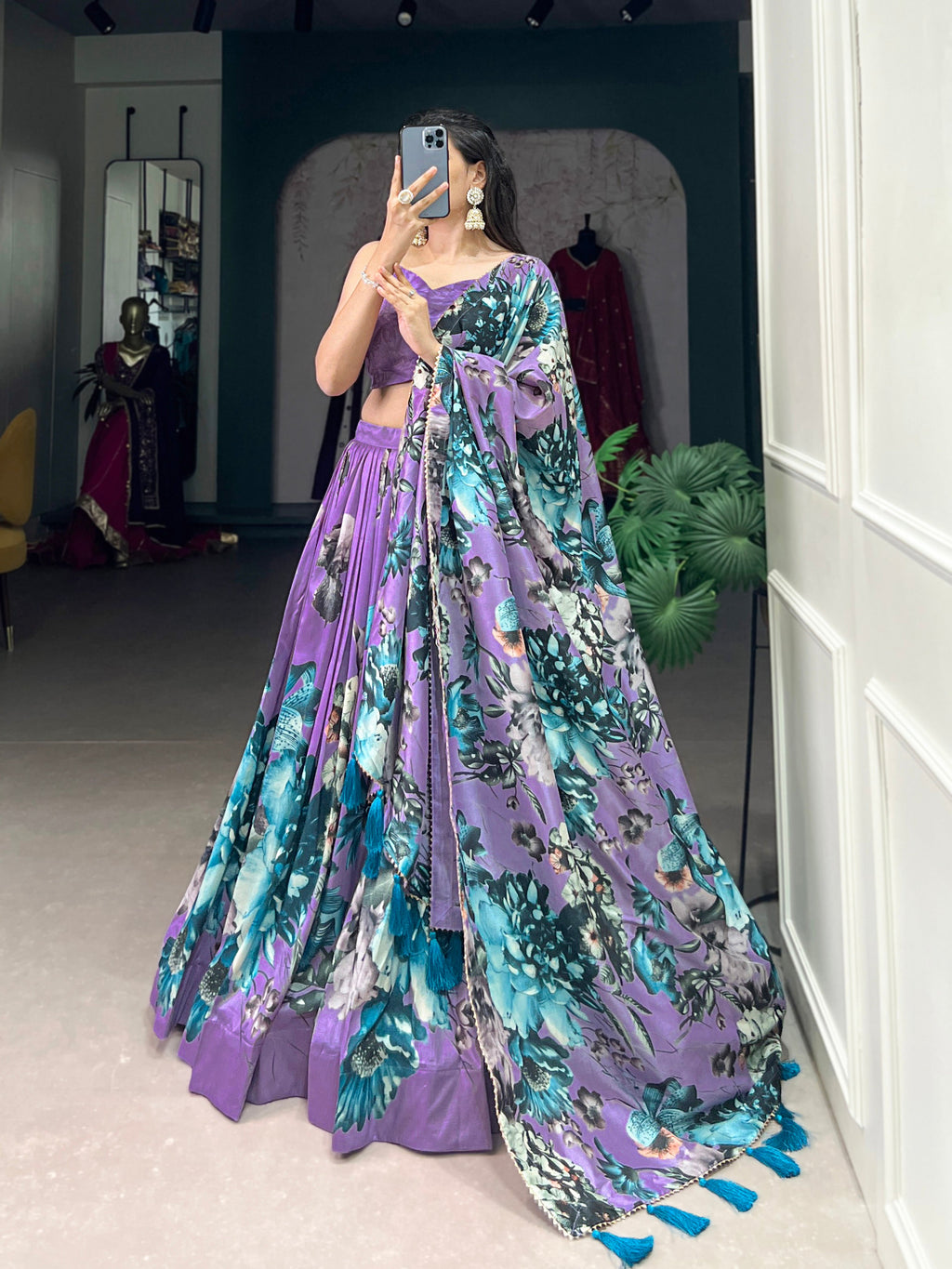Lorenvalley Lavender Tussar Silk Floral Print with Lace Touch Up Lehenga Choli | Grocsy