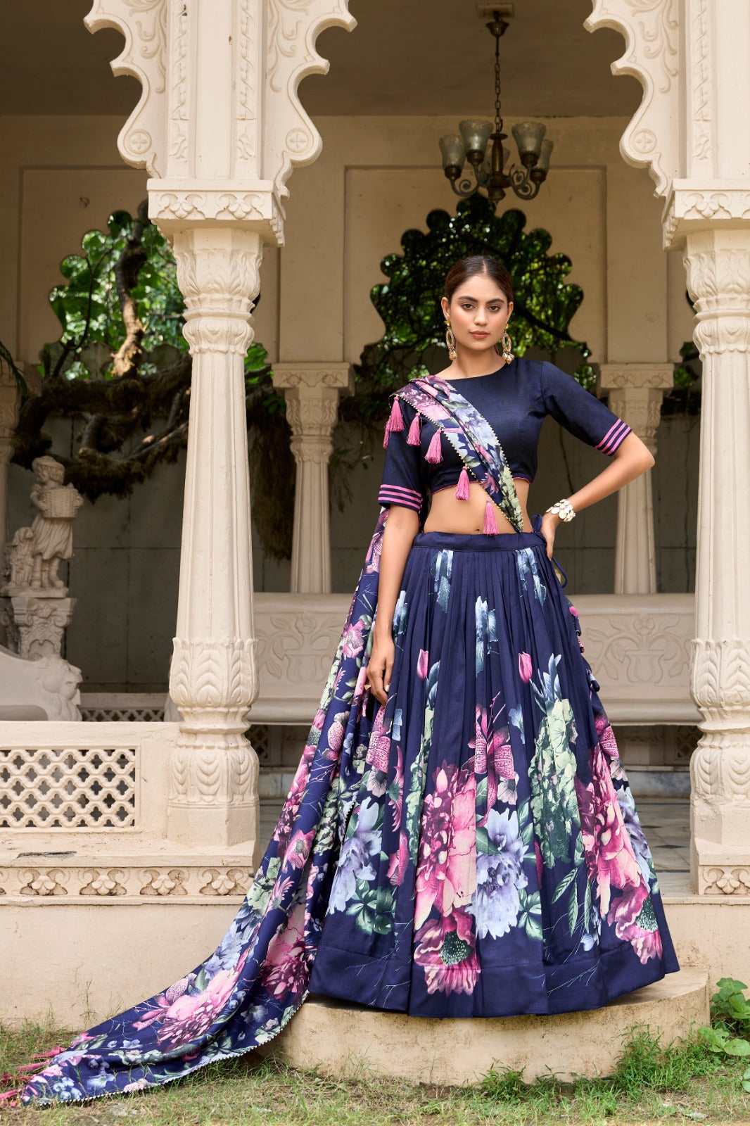 Lorenvalley Blue Tussar Silk Floral Print with Lace Touch Up Lehenga Choli | Grocsy