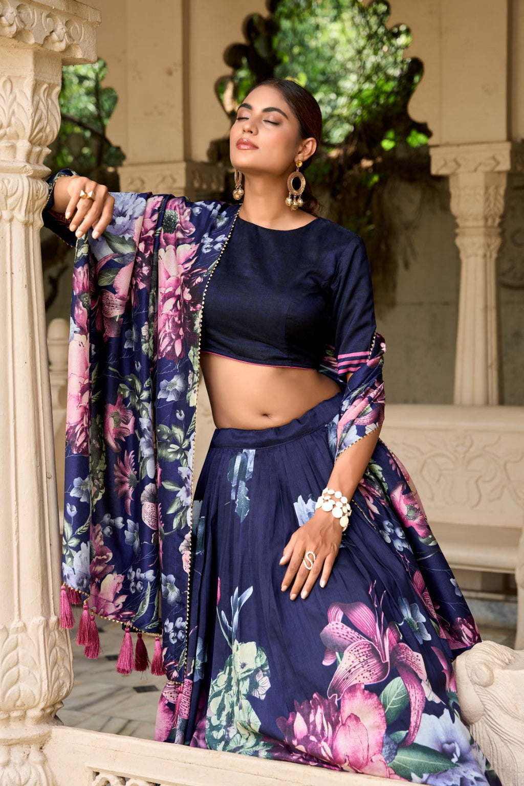 Lorenvalley Blue Tussar Silk Floral Print with Lace Touch Up Lehenga Choli | Grocsy