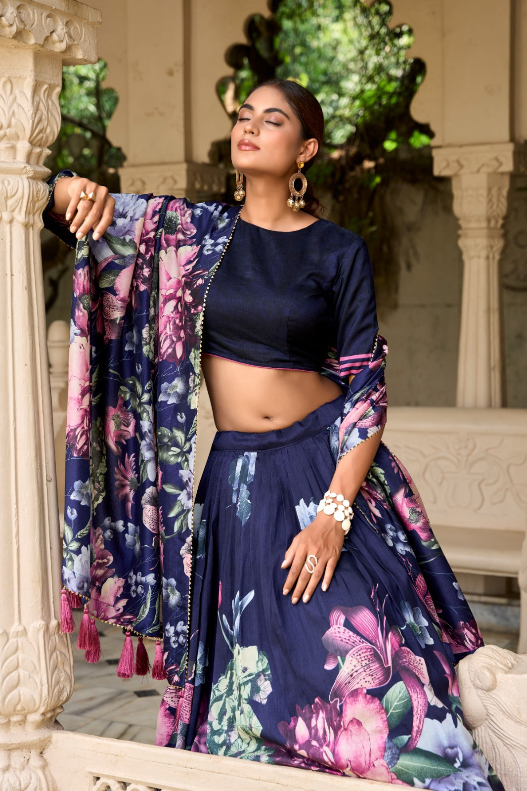 Lorenvalley Blue Tussar Silk Floral Print with Lace Touch Up Lehenga Choli | Grocsy