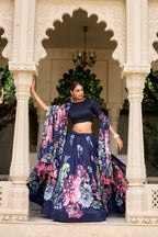 Lorenvalley Blue Tussar Silk Floral Print with Lace Touch Up Lehenga Choli | Grocsy