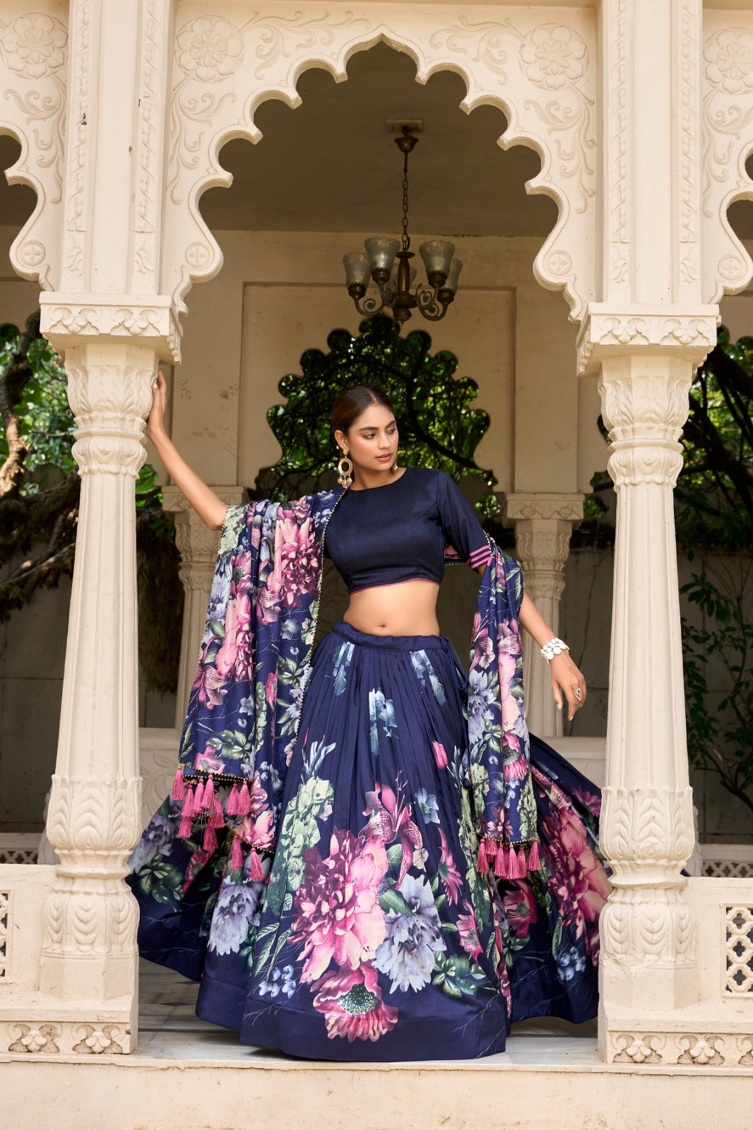 Lorenvalley Blue Tussar Silk Floral Print with Lace Touch Up Lehenga Choli | Grocsy