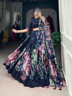 Lorenvalley Blue Tussar Silk Floral Print with Lace Touch Up Lehenga Choli | Grocsy