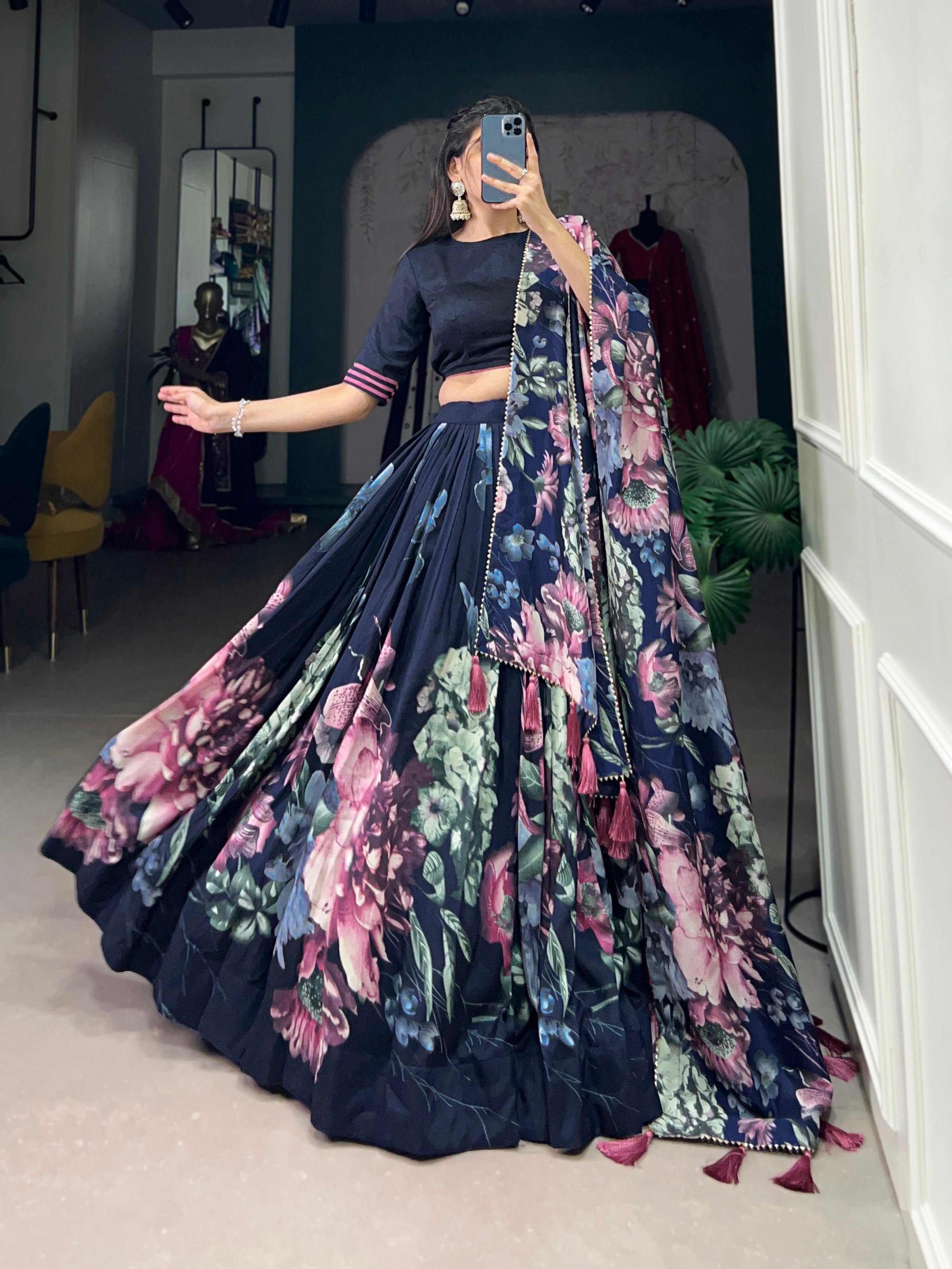 Lorenvalley Blue Tussar Silk Floral Print with Lace Touch Up Lehenga Choli | Grocsy