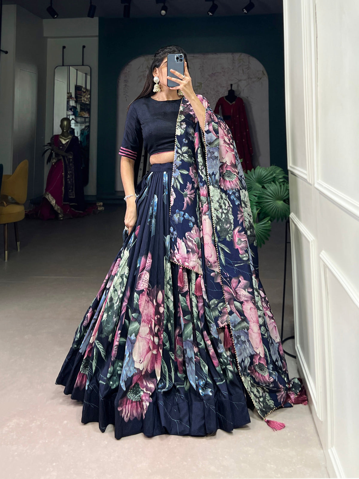 Lorenvalley Blue Tussar Silk Floral Print with Lace Touch Up Lehenga Choli | Grocsy