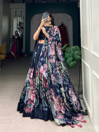 Lorenvalley Blue Tussar Silk Floral Print with Lace Touch Up Lehenga Choli | Grocsy