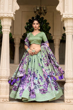Lorenvalley Pista Tussar Silk Floral Print with Lace Touch Up Lehenga Choli | Grocsy