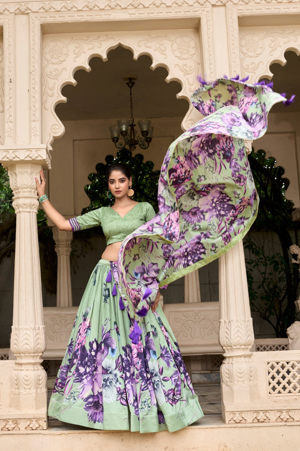 Lorenvalley Pista Tussar Silk Floral Print with Lace Touch Up Lehenga Choli | Grocsy