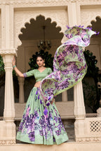 Lorenvalley Pista Tussar Silk Floral Print with Lace Touch Up Lehenga Choli | Grocsy