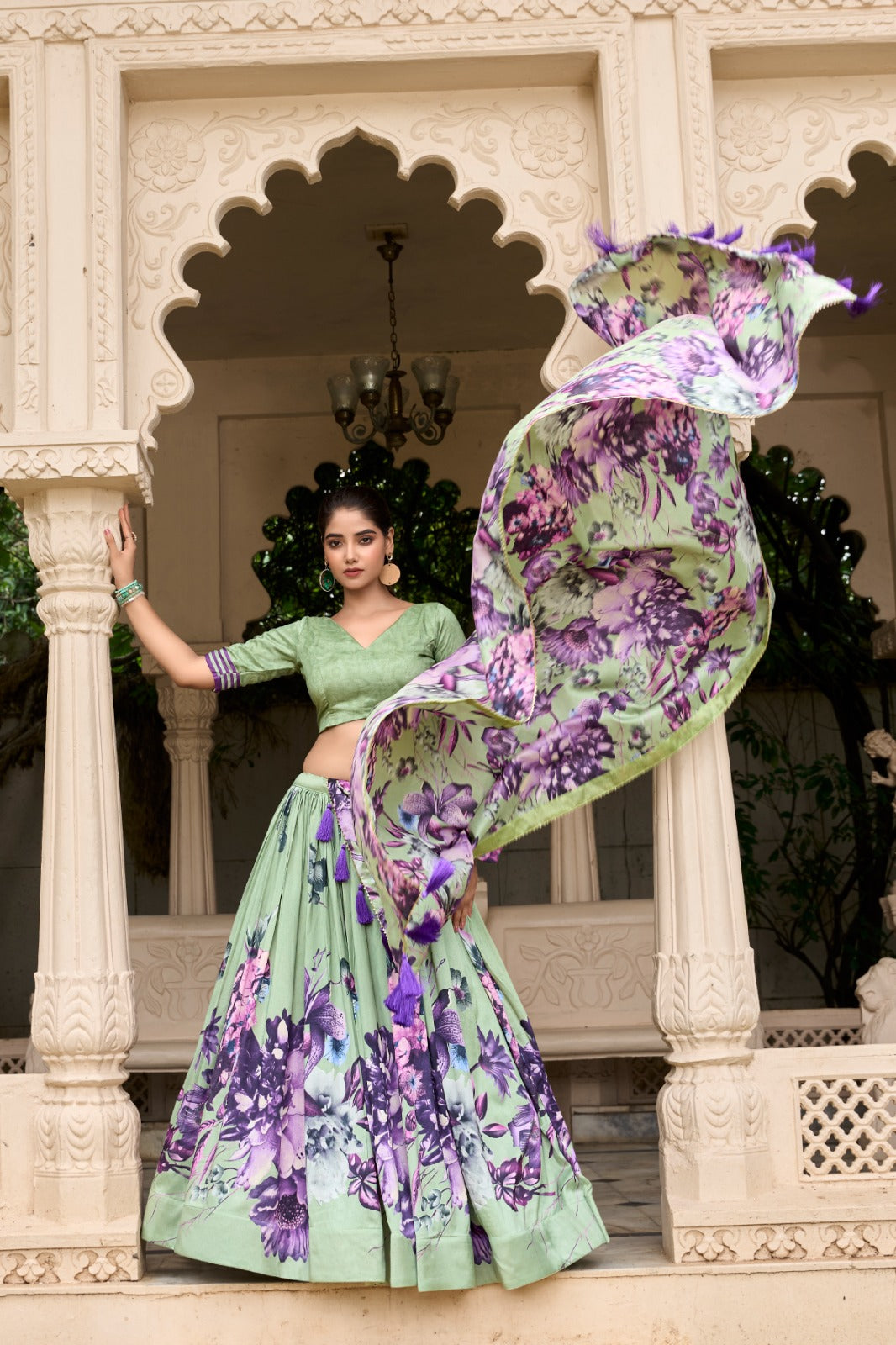 Lorenvalley Pista Tussar Silk Floral Print with Lace Touch Up Lehenga Choli | Grocsy