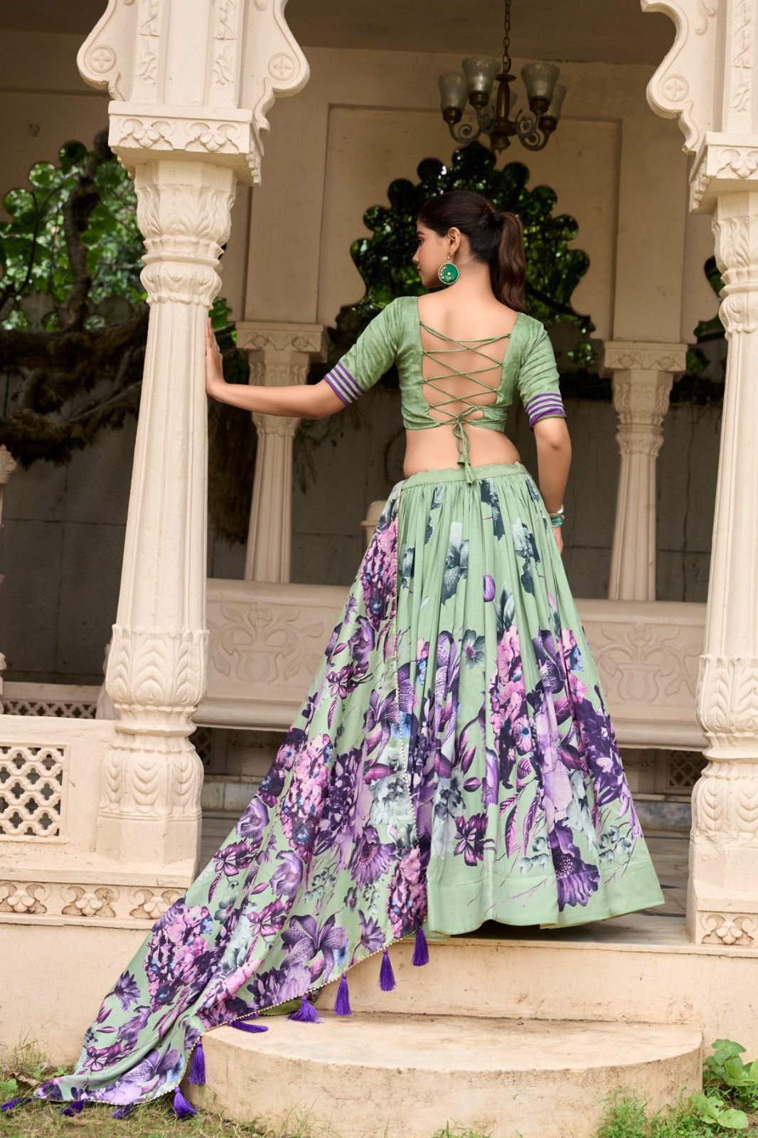 Lorenvalley Pista Tussar Silk Floral Print with Lace Touch Up Lehenga Choli | Grocsy