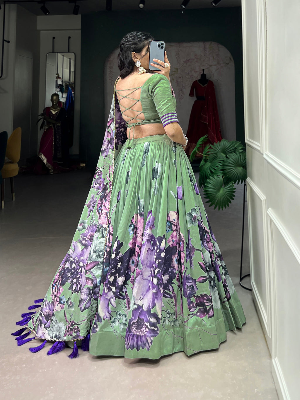 Lorenvalley Pista Tussar Silk Floral Print with Lace Touch Up Lehenga Choli | Grocsy