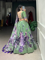 Lorenvalley Pista Tussar Silk Floral Print with Lace Touch Up Lehenga Choli | Grocsy