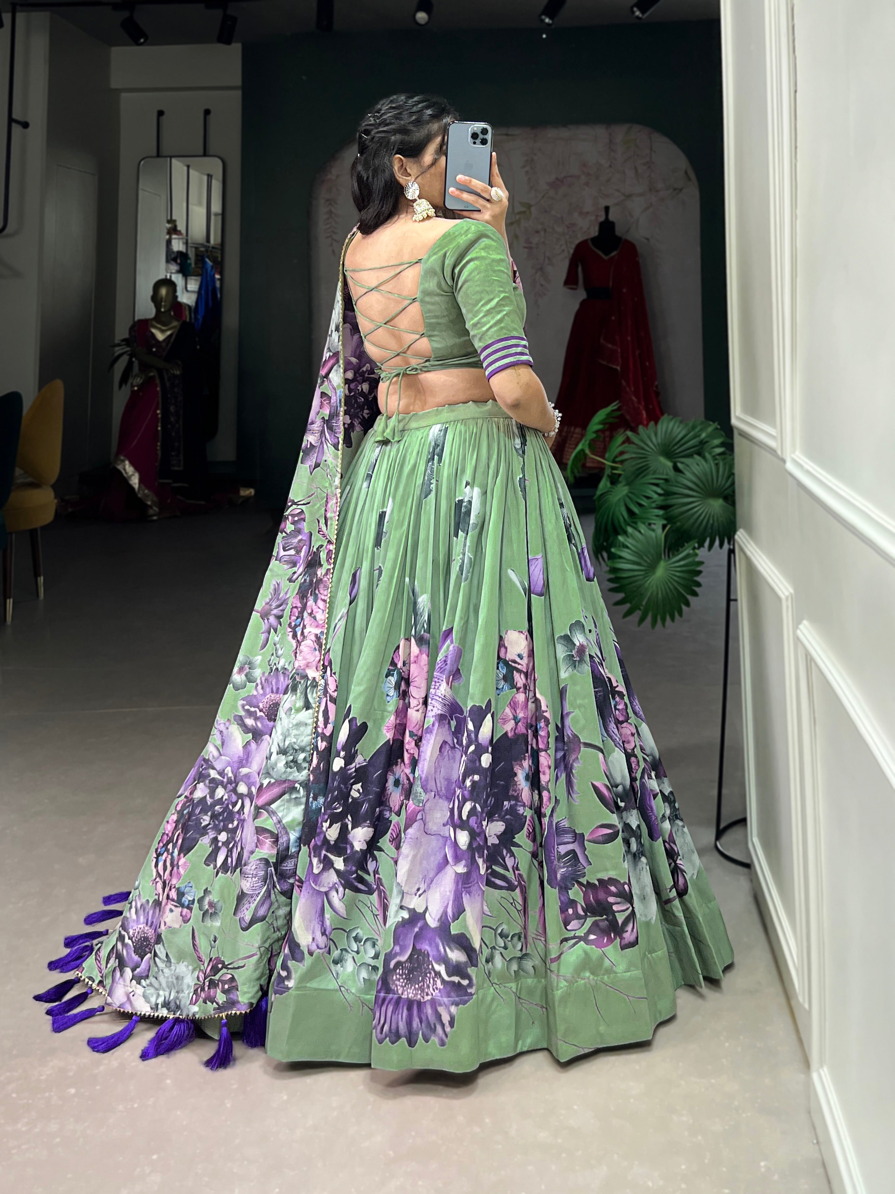 Lorenvalley Pista Tussar Silk Floral Print with Lace Touch Up Lehenga Choli | Grocsy