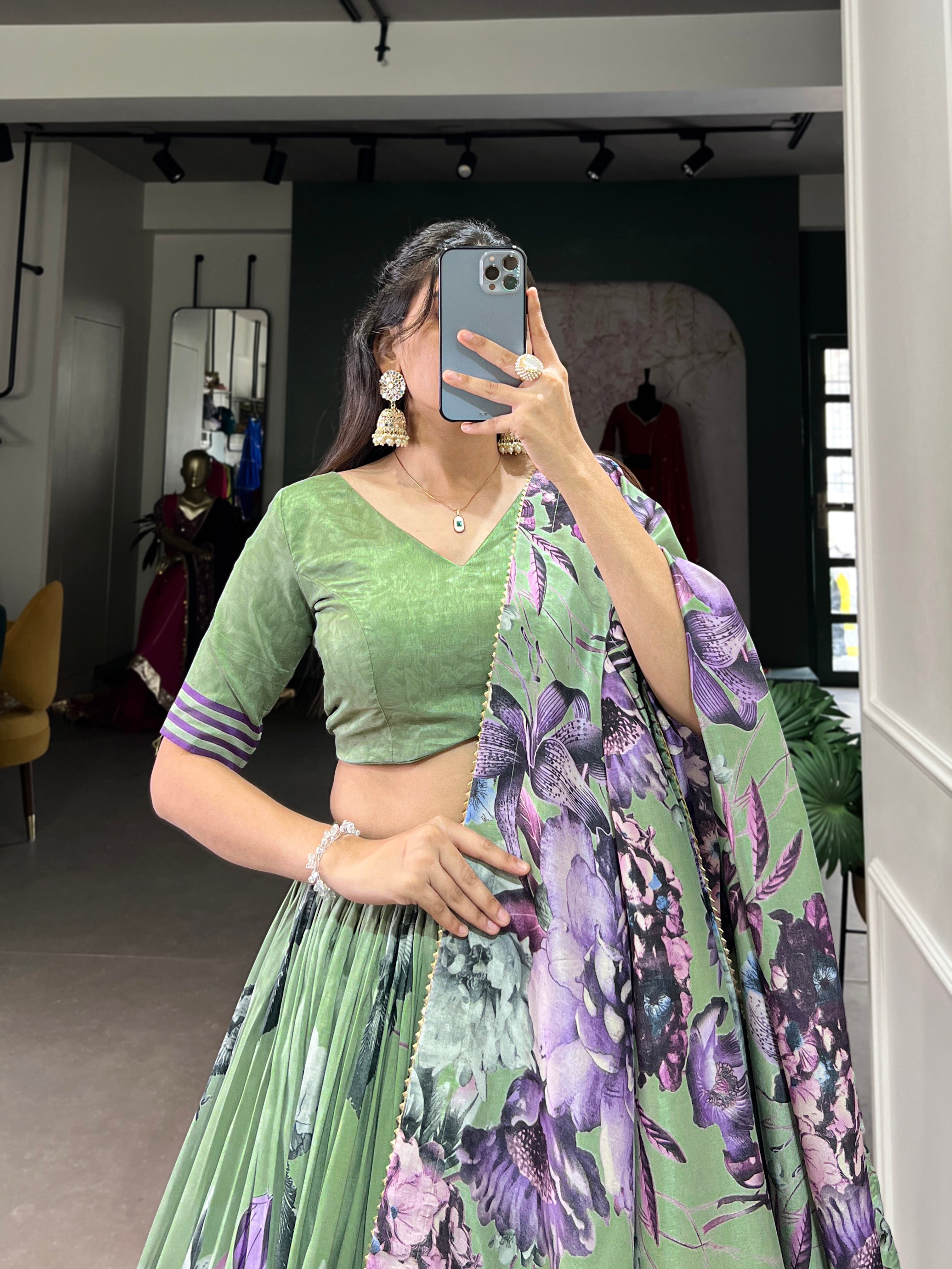 Lorenvalley Pista Tussar Silk Floral Print with Lace Touch Up Lehenga Choli | Grocsy