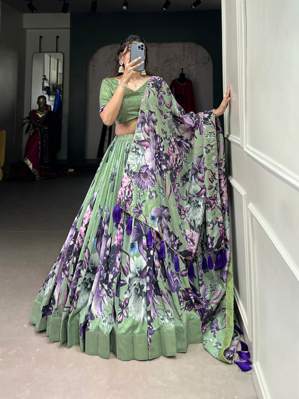 Lorenvalley Pista Tussar Silk Floral Print with Lace Touch Up Lehenga Choli | Grocsy