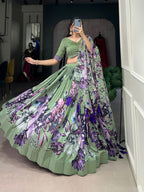 Lorenvalley Pista Tussar Silk Floral Print with Lace Touch Up Lehenga Choli | Grocsy