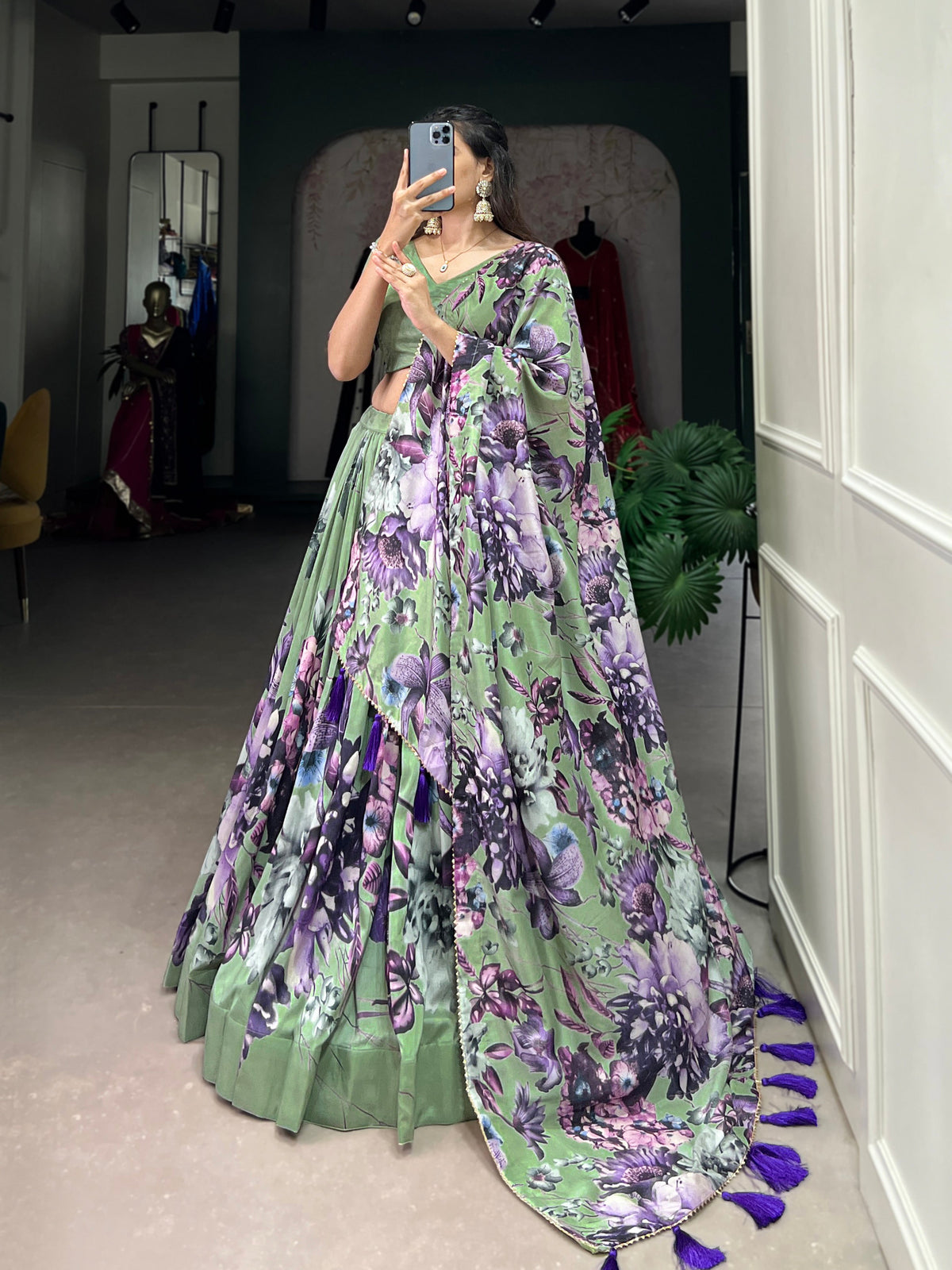 Lorenvalley Pista Tussar Silk Floral Print with Lace Touch Up Lehenga Choli | Grocsy
