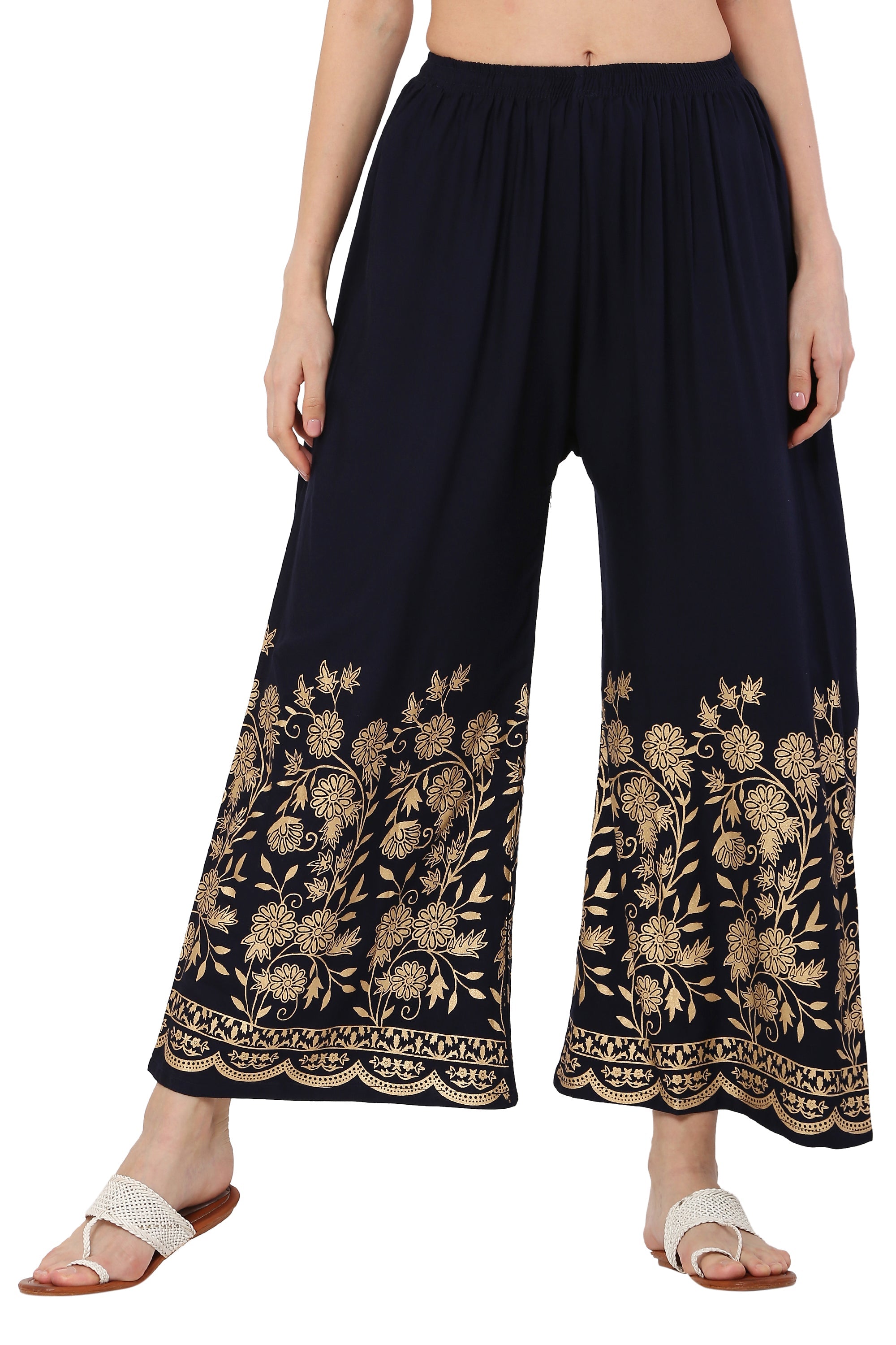 PAVONINE Navy Blue Color Floral Half Golden Print Sharara For Women | Grocsy