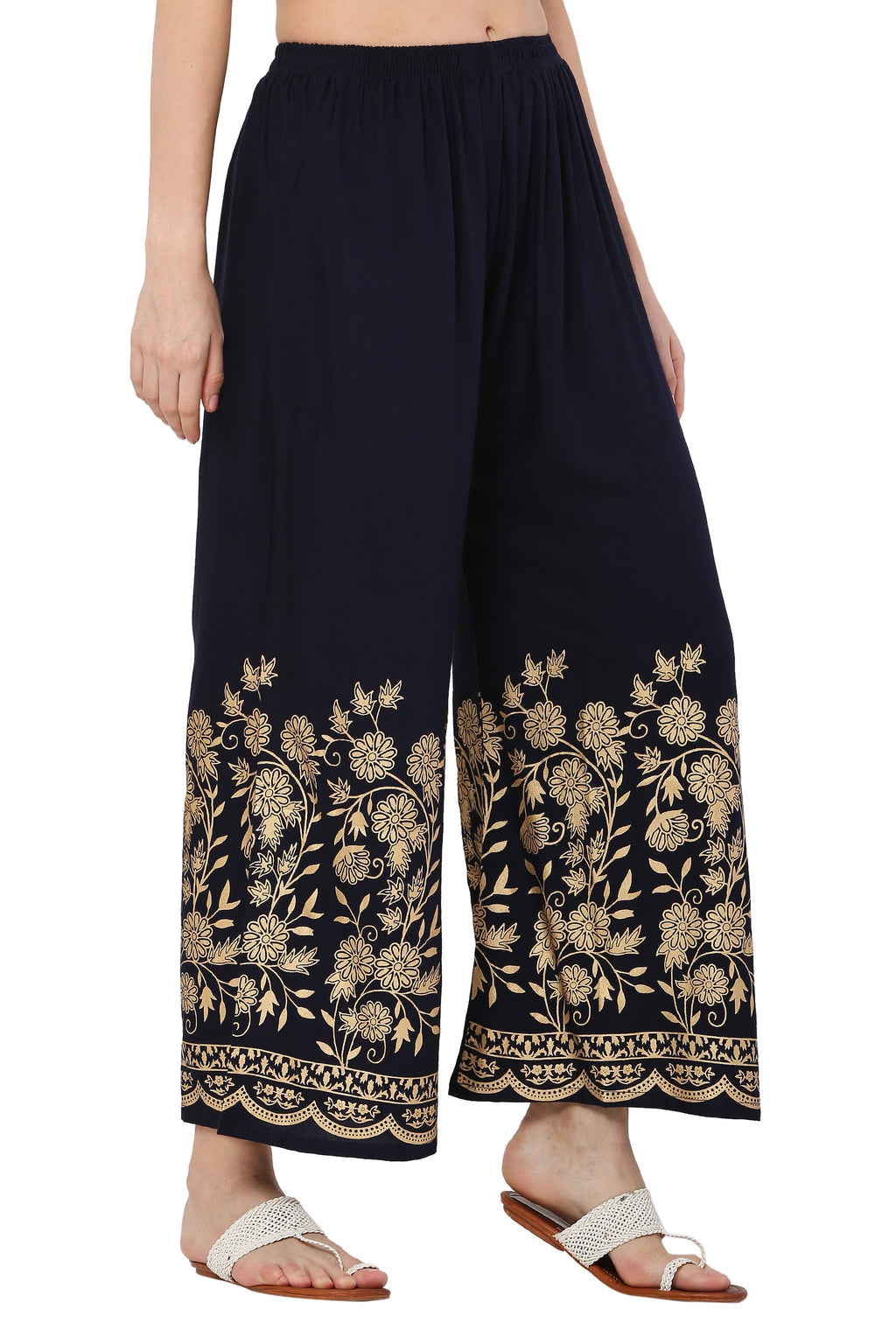 PAVONINE Navy Blue Color Floral Half Golden Print Sharara For Women | Grocsy