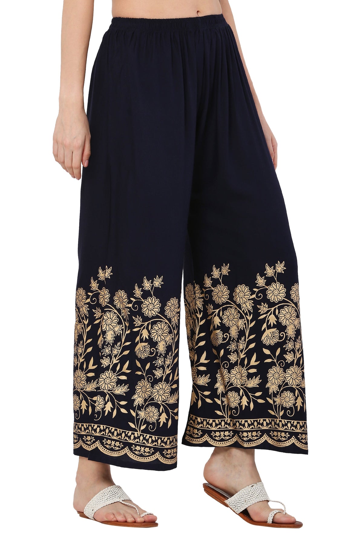 PAVONINE Navy Blue Color Floral Half Golden Print Sharara For Women | Grocsy