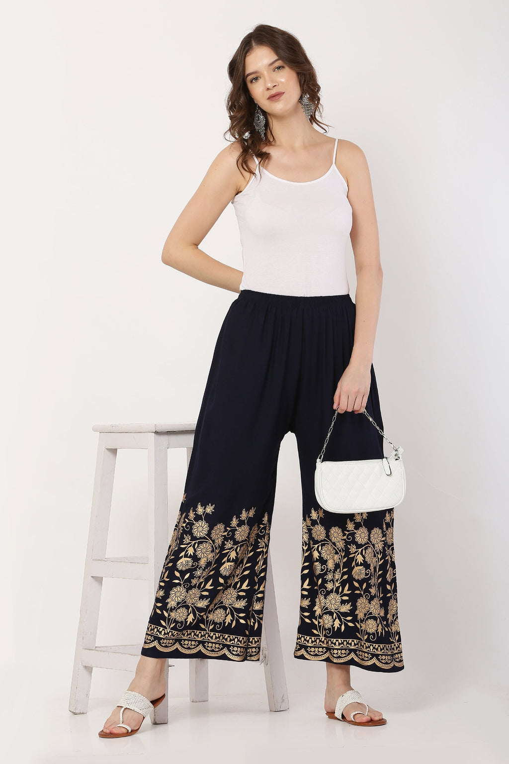 PAVONINE Navy Blue Color Floral Half Golden Print Sharara For Women | Grocsy